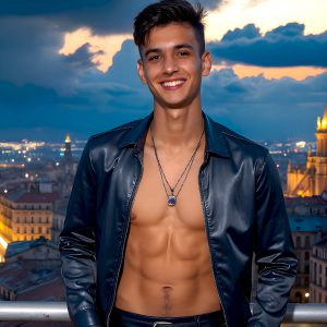 The Beautiful Young Men of the Golden City, is a collection of AI generated images of sexy, glamorous, handsome guys in the heavens. In this fantasy photograph of a young men in their late teens and 20's, overlooking a large golden city in the heavens. Generated to be as realistic as possible, in this this fantasy setting, with todays technology. Wearing jeans, an unbuttoned, vibrant, long-sleeve, button down shirt. The subject is enjoying a beautiful day outdoors. The mystical, galactic landscape, and the vibrant cosmic canopies, every detail, from the texture of the clouds, to the magnificent, majestic gothic architecture of the golden city, is crafted to create an atmosphere of reverence and divine glory. With a breathtaking scene, offering warm golden hour lighting. The heavenly landscape evokes a sense of freedom and tranquility, that is expresses through his facial features and smile, as day turns to night. The heavenly landscape evokes a sense of mysterious black space and light, with a vast galaxy that almost covers the image, the stars and constellations sparkle bright, in dark blue sky.