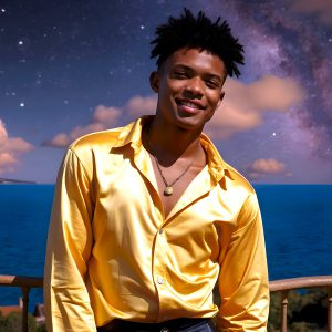 The Beautiful Young Men of the Golden City, is a collection of AI generated images of sexy, glamorous, handsome guys in the heavens. In this fantasy photograph of a young men in their late teens and 20's, overlooking a large golden city in the heavens. Generated to be as realistic as possible, in this this fantasy setting, with todays technology. Wearing jeans, an unbuttoned, vibrant, long-sleeve, button down shirt. The subject is enjoying a beautiful day outdoors. The mystical, galactic landscape, and the vibrant cosmic canopies, every detail, from the texture of the clouds, to the magnificent, majestic gothic architecture of the golden city, is crafted to create an atmosphere of reverence and divine glory. With a breathtaking scene, offering warm golden hour lighting. The heavenly landscape evokes a sense of freedom and tranquility, that is expresses through his facial features and smile, as day turns to night. The heavenly landscape evokes a sense of mysterious black space and light, with a vast galaxy that almost covers the image, the stars and constellations sparkle bright, in dark blue sky.
