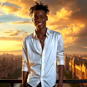 The Beautiful Young Men of the Golden City, is a collection of AI generated images of sexy, glamorous, handsome guys in the heavens. In this fantasy photograph of a young men in their late teens and 20's, overlooking a large golden city in the heavens. Generated to be as realistic as possible, in this this fantasy setting, with todays technology. Wearing jeans, an unbuttoned, vibrant, long-sleeve, button down shirt. The subject is enjoying a beautiful day outdoors. The mystical, galactic landscape, and the vibrant cosmic canopies, every detail, from the texture of the clouds, to the magnificent, majestic gothic architecture of the golden city, is crafted to create an atmosphere of reverence and divine glory. With a breathtaking scene, offering warm golden hour lighting. The heavenly landscape evokes a sense of freedom and tranquility, that is expresses through his facial features and smile, as day turns to night. The heavenly landscape evokes a sense of mysterious black space and light, with a vast galaxy that almost covers the image, the stars and constellations sparkle bright, in dark blue sky.