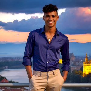 The Beautiful Young Men of the Golden City, is a collection of AI generated images of sexy, glamorous, handsome guys in the heavens. In this fantasy photograph of a young men in their late teens and 20's, overlooking a large golden city in the heavens. Generated to be as realistic as possible, in this this fantasy setting, with todays technology. Wearing jeans, an unbuttoned, vibrant, long-sleeve, button down shirt. The subject is enjoying a beautiful day outdoors. The mystical, galactic landscape, and the vibrant cosmic canopies, every detail, from the texture of the clouds, to the magnificent, majestic gothic architecture of the golden city, is crafted to create an atmosphere of reverence and divine glory. With a breathtaking scene, offering warm golden hour lighting. The heavenly landscape evokes a sense of freedom and tranquility, that is expresses through his facial features and smile, as day turns to night. The heavenly landscape evokes a sense of mysterious black space and light, with a vast galaxy that almost covers the image, the stars and constellations sparkle bright, in dark blue sky.