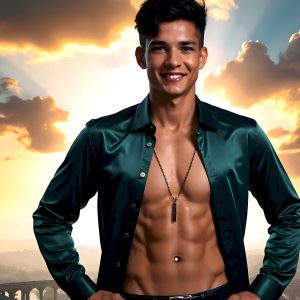 The Beautiful Young Men of the Golden City, is a collection of AI generated images of sexy, glamorous, handsome guys in the heavens. In this fantasy photograph of a young men in their late teens and 20's, overlooking a large golden city in the heavens. Generated to be as realistic as possible, in this this fantasy setting, with todays technology. Wearing jeans, an unbuttoned, vibrant, long-sleeve, button down shirt. The subject is enjoying a beautiful day outdoors. The mystical, galactic landscape, and the vibrant cosmic canopies, every detail, from the texture of the clouds, to the magnificent, majestic gothic architecture of the golden city, is crafted to create an atmosphere of reverence and divine glory. With a breathtaking scene, offering warm golden hour lighting. The heavenly landscape evokes a sense of freedom and tranquility, that is expresses through his facial features and smile, as day turns to night. The heavenly landscape evokes a sense of mysterious black space and light, with a vast galaxy that almost covers the image, the stars and constellations sparkle bright, in dark blue sky.