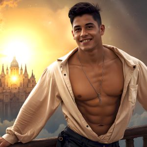 The Beautiful Young Men of the Golden City, is a collection of AI generated images of sexy, glamorous, handsome guys in the heavens. In this fantasy photograph of a young men in their late teens and 20's, overlooking a large golden city in the heavens. Generated to be as realistic as possible, in this this fantasy setting, with todays technology. Wearing jeans, an unbuttoned, vibrant, long-sleeve, button down shirt. The subject is enjoying a beautiful day outdoors. The mystical, galactic landscape, and the vibrant cosmic canopies, every detail, from the texture of the clouds, to the magnificent, majestic gothic architecture of the golden city, is crafted to create an atmosphere of reverence and divine glory. With a breathtaking scene, offering warm golden hour lighting. The heavenly landscape evokes a sense of freedom and tranquility, that is expresses through his facial features and smile, as day turns to night. The heavenly landscape evokes a sense of mysterious black space and light, with a vast galaxy that almost covers the image, the stars and constellations sparkle bright, in dark blue sky.