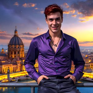The Beautiful Young Men of the Golden City, is a collection of AI generated images of sexy, glamorous, handsome guys in the heavens. In this fantasy photograph of a young men in their late teens and 20's, overlooking a large golden city in the heavens. Generated to be as realistic as possible, in this this fantasy setting, with todays technology. Wearing jeans, an unbuttoned, vibrant, long-sleeve, button down shirt. The subject is enjoying a beautiful day outdoors. The mystical, galactic landscape, and the vibrant cosmic canopies, every detail, from the texture of the clouds, to the magnificent, majestic gothic architecture of the golden city, is crafted to create an atmosphere of reverence and divine glory. With a breathtaking scene, offering warm golden hour lighting. The heavenly landscape evokes a sense of freedom and tranquility, that is expresses through his facial features and smile, as day turns to night. The heavenly landscape evokes a sense of mysterious black space and light, with a vast galaxy that almost covers the image, the stars and constellations sparkle bright, in dark blue sky.