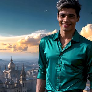 The Beautiful Young Men of the Golden City, is a collection of AI generated images of sexy, glamorous, handsome guys in the heavens. In this fantasy photograph of a young men in their late teens and 20's, overlooking a large golden city in the heavens. Generated to be as realistic as possible, in this this fantasy setting, with todays technology. Wearing jeans, an unbuttoned, vibrant, long-sleeve, button down shirt. The subject is enjoying a beautiful day outdoors. The mystical, galactic landscape, and the vibrant cosmic canopies, every detail, from the texture of the clouds, to the magnificent, majestic gothic architecture of the golden city, is crafted to create an atmosphere of reverence and divine glory. With a breathtaking scene, offering warm golden hour lighting. The heavenly landscape evokes a sense of freedom and tranquility, that is expresses through his facial features and smile, as day turns to night. The heavenly landscape evokes a sense of mysterious black space and light, with a vast galaxy that almost covers the image, the stars and constellations sparkle bright, in dark blue sky.