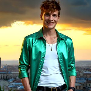 The Beautiful Young Men of the Golden City, is a collection of AI generated images of sexy, glamorous, handsome guys in the heavens. In this fantasy photograph of a young men in their late teens and 20's, overlooking a large golden city in the heavens. Generated to be as realistic as possible, in this this fantasy setting, with todays technology. Wearing jeans, an unbuttoned, vibrant, long-sleeve, button down shirt. The subject is enjoying a beautiful day outdoors. The mystical, galactic landscape, and the vibrant cosmic canopies, every detail, from the texture of the clouds, to the magnificent, majestic gothic architecture of the golden city, is crafted to create an atmosphere of reverence and divine glory. With a breathtaking scene, offering warm golden hour lighting. The heavenly landscape evokes a sense of freedom and tranquility, that is expresses through his facial features and smile, as day turns to night. The heavenly landscape evokes a sense of mysterious black space and light, with a vast galaxy that almost covers the image, the stars and constellations sparkle bright, in dark blue sky.