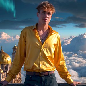 The Beautiful Young Men of the Golden City, is a collection of AI generated images of sexy, glamorous, handsome guys in the heavens. In this fantasy photograph of a young men in their late teens and 20's, overlooking a large golden city in the heavens. Generated to be as realistic as possible, in this this fantasy setting, with todays technology. Wearing jeans, an unbuttoned, vibrant, long-sleeve, button down shirt. The subject is enjoying a beautiful day outdoors. The mystical, galactic landscape, and the vibrant cosmic canopies, every detail, from the texture of the clouds, to the magnificent, majestic gothic architecture of the golden city, is crafted to create an atmosphere of reverence and divine glory. With a breathtaking scene, offering warm golden hour lighting. The heavenly landscape evokes a sense of freedom and tranquility, that is expresses through his facial features and smile, as day turns to night. The heavenly landscape evokes a sense of mysterious black space and light, with a vast galaxy that almost covers the image, the stars and constellations sparkle bright, in dark blue sky.