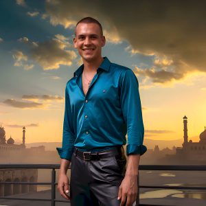 The Beautiful Young Men of the Golden City, is a collection of AI generated images of sexy, glamorous, handsome guys in the heavens. In this fantasy photograph of a young men in their late teens and 20's, overlooking a large golden city in the heavens. Generated to be as realistic as possible, in this this fantasy setting, with todays technology. Wearing jeans, an unbuttoned, vibrant, long-sleeve, button down shirt. The subject is enjoying a beautiful day outdoors. The mystical, galactic landscape, and the vibrant cosmic canopies, every detail, from the texture of the clouds, to the magnificent, majestic gothic architecture of the golden city, is crafted to create an atmosphere of reverence and divine glory. With a breathtaking scene, offering warm golden hour lighting. The heavenly landscape evokes a sense of freedom and tranquility, that is expresses through his facial features and smile, as day turns to night. The heavenly landscape evokes a sense of mysterious black space and light, with a vast galaxy that almost covers the image, the stars and constellations sparkle bright, in dark blue sky.