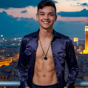 The Beautiful Young Men of the Golden City, is a collection of AI generated images of sexy, glamorous, handsome guys in the heavens. In this fantasy photograph of a young men in their late teens and 20's, overlooking a large golden city in the heavens. Generated to be as realistic as possible, in this this fantasy setting, with todays technology. Wearing jeans, an unbuttoned, vibrant, long-sleeve, button down shirt. The subject is enjoying a beautiful day outdoors. The mystical, galactic landscape, and the vibrant cosmic canopies, every detail, from the texture of the clouds, to the magnificent, majestic gothic architecture of the golden city, is crafted to create an atmosphere of reverence and divine glory. With a breathtaking scene, offering warm golden hour lighting. The heavenly landscape evokes a sense of freedom and tranquility, that is expresses through his facial features and smile, as day turns to night. The heavenly landscape evokes a sense of mysterious black space and light, with a vast galaxy that almost covers the image, the stars and constellations sparkle bright, in dark blue sky.