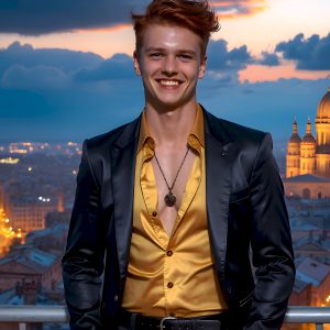 The Beautiful Young Men of the Golden City, is a collection of AI generated images of sexy, glamorous, handsome guys in the heavens. In this fantasy photograph of a young men in their late teens and 20's, overlooking a large golden city in the heavens. Generated to be as realistic as possible, in this this fantasy setting, with todays technology. Wearing jeans, an unbuttoned, vibrant, long-sleeve, button down shirt. The subject is enjoying a beautiful day outdoors. The mystical, galactic landscape, and the vibrant cosmic canopies, every detail, from the texture of the clouds, to the magnificent, majestic gothic architecture of the golden city, is crafted to create an atmosphere of reverence and divine glory. With a breathtaking scene, offering warm golden hour lighting. The heavenly landscape evokes a sense of freedom and tranquility, that is expresses through his facial features and smile, as day turns to night. The heavenly landscape evokes a sense of mysterious black space and light, with a vast galaxy that almost covers the image, the stars and constellations sparkle bright, in dark blue sky.