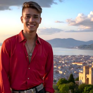 The Beautiful Young Men of the Golden City, is a collection of AI generated images of sexy, glamorous, handsome guys in the heavens. In this fantasy photograph of a young men in their late teens and 20's, overlooking a large golden city in the heavens. Generated to be as realistic as possible, in this this fantasy setting, with todays technology. Wearing jeans, an unbuttoned, vibrant, long-sleeve, button down shirt. The subject is enjoying a beautiful day outdoors. The mystical, galactic landscape, and the vibrant cosmic canopies, every detail, from the texture of the clouds, to the magnificent, majestic gothic architecture of the golden city, is crafted to create an atmosphere of reverence and divine glory. With a breathtaking scene, offering warm golden hour lighting. The heavenly landscape evokes a sense of freedom and tranquility, that is expresses through his facial features and smile, as day turns to night. The heavenly landscape evokes a sense of mysterious black space and light, with a vast galaxy that almost covers the image, the stars and constellations sparkle bright, in dark blue sky.