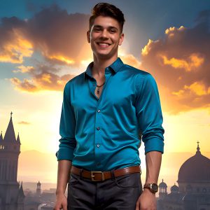 The Beautiful Young Men of the Golden City, is a collection of AI generated images of sexy, glamorous, handsome guys in the heavens. In this fantasy photograph of a young men in their late teens and 20's, overlooking a large golden city in the heavens. Generated to be as realistic as possible, in this this fantasy setting, with todays technology. Wearing jeans, an unbuttoned, vibrant, long-sleeve, button down shirt. The subject is enjoying a beautiful day outdoors. The mystical, galactic landscape, and the vibrant cosmic canopies, every detail, from the texture of the clouds, to the magnificent, majestic gothic architecture of the golden city, is crafted to create an atmosphere of reverence and divine glory. With a breathtaking scene, offering warm golden hour lighting. The heavenly landscape evokes a sense of freedom and tranquility, that is expresses through his facial features and smile, as day turns to night. The heavenly landscape evokes a sense of mysterious black space and light, with a vast galaxy that almost covers the image, the stars and constellations sparkle bright, in dark blue sky.