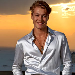 The Beautiful Young Men of the Golden City, is a collection of AI generated images of sexy, glamorous, handsome guys in the heavens. In this fantasy photograph of a young men in their late teens and 20's, overlooking a large golden city in the heavens. Generated to be as realistic as possible, in this this fantasy setting, with todays technology. Wearing jeans, an unbuttoned, vibrant, long-sleeve, button down shirt. The subject is enjoying a beautiful day outdoors. The mystical, galactic landscape, and the vibrant cosmic canopies, every detail, from the texture of the clouds, to the magnificent, majestic gothic architecture of the golden city, is crafted to create an atmosphere of reverence and divine glory. With a breathtaking scene, offering warm golden hour lighting. The heavenly landscape evokes a sense of freedom and tranquility, that is expresses through his facial features and smile, as day turns to night. The heavenly landscape evokes a sense of mysterious black space and light, with a vast galaxy that almost covers the image, the stars and constellations sparkle bright, in dark blue sky.