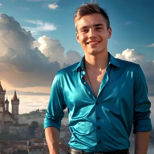 The Beautiful Young Men of the Golden City, is a collection of AI generated images of sexy, glamorous, handsome guys in the heavens. In this fantasy photograph of a young men in their late teens and 20's, overlooking a large golden city in the heavens. Generated to be as realistic as possible, in this this fantasy setting, with todays technology. Wearing jeans, an unbuttoned, vibrant, long-sleeve, button down shirt. The subject is enjoying a beautiful day outdoors. The mystical, galactic landscape, and the vibrant cosmic canopies, every detail, from the texture of the clouds, to the magnificent, majestic gothic architecture of the golden city, is crafted to create an atmosphere of reverence and divine glory. With a breathtaking scene, offering warm golden hour lighting. The heavenly landscape evokes a sense of freedom and tranquility, that is expresses through his facial features and smile, as day turns to night. The heavenly landscape evokes a sense of mysterious black space and light, with a vast galaxy that almost covers the image, the stars and constellations sparkle bright, in dark blue sky.