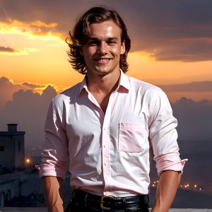 The Beautiful Young Men of the Golden City, is a collection of AI generated images of sexy, glamorous, handsome guys in the heavens. In this fantasy photograph of a young men in their late teens and 20's, overlooking a large golden city in the heavens. Generated to be as realistic as possible, in this this fantasy setting, with todays technology. Wearing jeans, an unbuttoned, vibrant, long-sleeve, button down shirt. The subject is enjoying a beautiful day outdoors. The mystical, galactic landscape, and the vibrant cosmic canopies, every detail, from the texture of the clouds, to the magnificent, majestic gothic architecture of the golden city, is crafted to create an atmosphere of reverence and divine glory. With a breathtaking scene, offering warm golden hour lighting. The heavenly landscape evokes a sense of freedom and tranquility, that is expresses through his facial features and smile, as day turns to night. The heavenly landscape evokes a sense of mysterious black space and light, with a vast galaxy that almost covers the image, the stars and constellations sparkle bright, in dark blue sky.