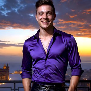 The Beautiful Young Men of the Golden City, is a collection of AI generated images of sexy, glamorous, handsome guys in the heavens. In this fantasy photograph of a young men in their late teens and 20's, overlooking a large golden city in the heavens. Generated to be as realistic as possible, in this this fantasy setting, with todays technology. Wearing jeans, an unbuttoned, vibrant, long-sleeve, button down shirt. The subject is enjoying a beautiful day outdoors. The mystical, galactic landscape, and the vibrant cosmic canopies, every detail, from the texture of the clouds, to the magnificent, majestic gothic architecture of the golden city, is crafted to create an atmosphere of reverence and divine glory. With a breathtaking scene, offering warm golden hour lighting. The heavenly landscape evokes a sense of freedom and tranquility, that is expresses through his facial features and smile, as day turns to night. The heavenly landscape evokes a sense of mysterious black space and light, with a vast galaxy that almost covers the image, the stars and constellations sparkle bright, in dark blue sky.