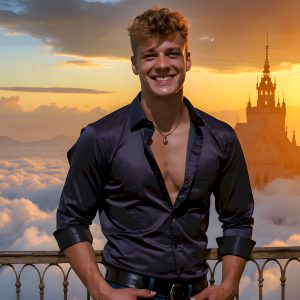 The Beautiful Young Men of the Golden City, is a collection of AI generated images of sexy, glamorous, handsome guys in the heavens. In this fantasy photograph of a young men in their late teens and 20's, overlooking a large golden city in the heavens. Generated to be as realistic as possible, in this this fantasy setting, with todays technology. Wearing jeans, an unbuttoned, vibrant, long-sleeve, button down shirt. The subject is enjoying a beautiful day outdoors. The mystical, galactic landscape, and the vibrant cosmic canopies, every detail, from the texture of the clouds, to the magnificent, majestic gothic architecture of the golden city, is crafted to create an atmosphere of reverence and divine glory. With a breathtaking scene, offering warm golden hour lighting. The heavenly landscape evokes a sense of freedom and tranquility, that is expresses through his facial features and smile, as day turns to night. The heavenly landscape evokes a sense of mysterious black space and light, with a vast galaxy that almost covers the image, the stars and constellations sparkle bright, in dark blue sky.