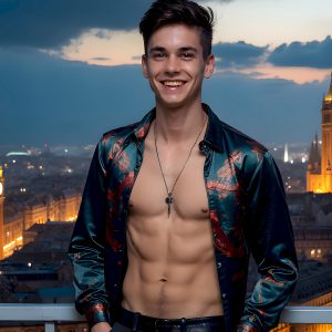 The Beautiful Young Men of the Golden City, is a collection of AI generated images of sexy, glamorous, handsome guys in the heavens. In this fantasy photograph of a young men in their late teens and 20's, overlooking a large golden city in the heavens. Generated to be as realistic as possible, in this this fantasy setting, with todays technology. Wearing jeans, an unbuttoned, vibrant, long-sleeve, button down shirt. The subject is enjoying a beautiful day outdoors. The mystical, galactic landscape, and the vibrant cosmic canopies, every detail, from the texture of the clouds, to the magnificent, majestic gothic architecture of the golden city, is crafted to create an atmosphere of reverence and divine glory. With a breathtaking scene, offering warm golden hour lighting. The heavenly landscape evokes a sense of freedom and tranquility, that is expresses through his facial features and smile, as day turns to night. The heavenly landscape evokes a sense of mysterious black space and light, with a vast galaxy that almost covers the image, the stars and constellations sparkle bright, in dark blue sky.