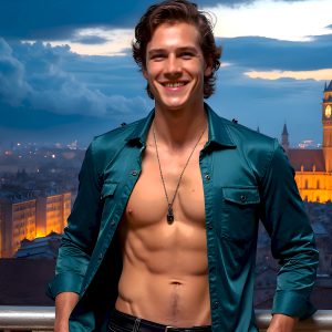 The Beautiful Young Men of the Golden City, is a collection of AI generated images of sexy, glamorous, handsome guys in the heavens. In this fantasy photograph of a young men in their late teens and 20's, overlooking a large golden city in the heavens. Generated to be as realistic as possible, in this this fantasy setting, with todays technology. Wearing jeans, an unbuttoned, vibrant, long-sleeve, button down shirt. The subject is enjoying a beautiful day outdoors. The mystical, galactic landscape, and the vibrant cosmic canopies, every detail, from the texture of the clouds, to the magnificent, majestic gothic architecture of the golden city, is crafted to create an atmosphere of reverence and divine glory. With a breathtaking scene, offering warm golden hour lighting. The heavenly landscape evokes a sense of freedom and tranquility, that is expresses through his facial features and smile, as day turns to night. The heavenly landscape evokes a sense of mysterious black space and light, with a vast galaxy that almost covers the image, the stars and constellations sparkle bright, in dark blue sky.