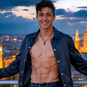 The Beautiful Young Men of the Golden City, is a collection of AI generated images of sexy, glamorous, handsome guys in the heavens. In this fantasy photograph of a young men in their late teens and 20's, overlooking a large golden city in the heavens. Generated to be as realistic as possible, in this this fantasy setting, with todays technology. Wearing jeans, an unbuttoned, vibrant, long-sleeve, button down shirt. The subject is enjoying a beautiful day outdoors. The mystical, galactic landscape, and the vibrant cosmic canopies, every detail, from the texture of the clouds, to the magnificent, majestic gothic architecture of the golden city, is crafted to create an atmosphere of reverence and divine glory. With a breathtaking scene, offering warm golden hour lighting. The heavenly landscape evokes a sense of freedom and tranquility, that is expresses through his facial features and smile, as day turns to night. The heavenly landscape evokes a sense of mysterious black space and light, with a vast galaxy that almost covers the image, the stars and constellations sparkle bright, in dark blue sky.