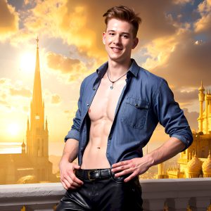 The Beautiful Young Men of the Golden City, is a collection of AI generated images of sexy, glamorous, handsome guys in the heavens. In this fantasy photograph of a young men in their late teens and 20's, overlooking a large golden city in the heavens. Generated to be as realistic as possible, in this this fantasy setting, with todays technology. Wearing jeans, an unbuttoned, vibrant, long-sleeve, button down shirt. The subject is enjoying a beautiful day outdoors. The mystical, galactic landscape, and the vibrant cosmic canopies, every detail, from the texture of the clouds, to the magnificent, majestic gothic architecture of the golden city, is crafted to create an atmosphere of reverence and divine glory. With a breathtaking scene, offering warm golden hour lighting. The heavenly landscape evokes a sense of freedom and tranquility, that is expresses through his facial features and smile, as day turns to night. The heavenly landscape evokes a sense of mysterious black space and light, with a vast galaxy that almost covers the image, the stars and constellations sparkle bright, in dark blue sky.