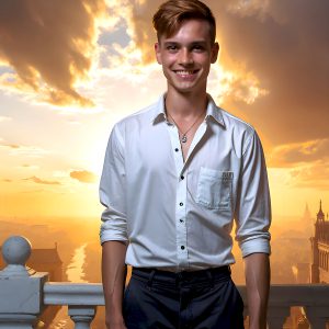 The Beautiful Young Men of the Golden City, is a collection of AI generated images of sexy, glamorous, handsome guys in the heavens. In this fantasy photograph of a young men in their late teens and 20's, overlooking a large golden city in the heavens. Generated to be as realistic as possible, in this this fantasy setting, with todays technology. Wearing jeans, an unbuttoned, vibrant, long-sleeve, button down shirt. The subject is enjoying a beautiful day outdoors. The mystical, galactic landscape, and the vibrant cosmic canopies, every detail, from the texture of the clouds, to the magnificent, majestic gothic architecture of the golden city, is crafted to create an atmosphere of reverence and divine glory. With a breathtaking scene, offering warm golden hour lighting. The heavenly landscape evokes a sense of freedom and tranquility, that is expresses through his facial features and smile, as day turns to night. The heavenly landscape evokes a sense of mysterious black space and light, with a vast galaxy that almost covers the image, the stars and constellations sparkle bright, in dark blue sky.
