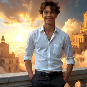 The Beautiful Young Men of the Golden City, is a collection of AI generated images of sexy, glamorous, handsome guys in the heavens. In this fantasy photograph of a young men in their late teens and 20's, overlooking a large golden city in the heavens. Generated to be as realistic as possible, in this this fantasy setting, with todays technology. Wearing jeans, an unbuttoned, vibrant, long-sleeve, button down shirt. The subject is enjoying a beautiful day outdoors. The mystical, galactic landscape, and the vibrant cosmic canopies, every detail, from the texture of the clouds, to the magnificent, majestic gothic architecture of the golden city, is crafted to create an atmosphere of reverence and divine glory. With a breathtaking scene, offering warm golden hour lighting. The heavenly landscape evokes a sense of freedom and tranquility, that is expresses through his facial features and smile, as day turns to night. The heavenly landscape evokes a sense of mysterious black space and light, with a vast galaxy that almost covers the image, the stars and constellations sparkle bright, in dark blue sky.