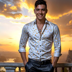 The Beautiful Young Men of the Golden City, is a collection of AI generated images of sexy, glamorous, handsome guys in the heavens. In this fantasy photograph of a young men in their late teens and 20's, overlooking a large golden city in the heavens. Generated to be as realistic as possible, in this this fantasy setting, with todays technology. Wearing jeans, an unbuttoned, vibrant, long-sleeve, button down shirt. The subject is enjoying a beautiful day outdoors. The mystical, galactic landscape, and the vibrant cosmic canopies, every detail, from the texture of the clouds, to the magnificent, majestic gothic architecture of the golden city, is crafted to create an atmosphere of reverence and divine glory. With a breathtaking scene, offering warm golden hour lighting. The heavenly landscape evokes a sense of freedom and tranquility, that is expresses through his facial features and smile, as day turns to night. The heavenly landscape evokes a sense of mysterious black space and light, with a vast galaxy that almost covers the image, the stars and constellations sparkle bright, in dark blue sky.