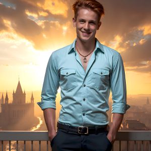 The Beautiful Young Men of the Golden City, is a collection of AI generated images of sexy, glamorous, handsome guys in the heavens. In this fantasy photograph of a young men in their late teens and 20's, overlooking a large golden city in the heavens. Generated to be as realistic as possible, in this this fantasy setting, with todays technology. Wearing jeans, an unbuttoned, vibrant, long-sleeve, button down shirt. The subject is enjoying a beautiful day outdoors. The mystical, galactic landscape, and the vibrant cosmic canopies, every detail, from the texture of the clouds, to the magnificent, majestic gothic architecture of the golden city, is crafted to create an atmosphere of reverence and divine glory. With a breathtaking scene, offering warm golden hour lighting. The heavenly landscape evokes a sense of freedom and tranquility, that is expresses through his facial features and smile, as day turns to night. The heavenly landscape evokes a sense of mysterious black space and light, with a vast galaxy that almost covers the image, the stars and constellations sparkle bright, in dark blue sky.