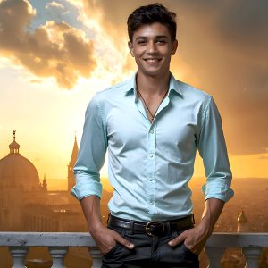 The Beautiful Young Men of the Golden City, is a collection of AI generated images of sexy, glamorous, handsome guys in the heavens. In this fantasy photograph of a young men in their late teens and 20's, overlooking a large golden city in the heavens. Generated to be as realistic as possible, in this this fantasy setting, with todays technology. Wearing jeans, an unbuttoned, vibrant, long-sleeve, button down shirt. The subject is enjoying a beautiful day outdoors. The mystical, galactic landscape, and the vibrant cosmic canopies, every detail, from the texture of the clouds, to the magnificent, majestic gothic architecture of the golden city, is crafted to create an atmosphere of reverence and divine glory. With a breathtaking scene, offering warm golden hour lighting. The heavenly landscape evokes a sense of freedom and tranquility, that is expresses through his facial features and smile, as day turns to night. The heavenly landscape evokes a sense of mysterious black space and light, with a vast galaxy that almost covers the image, the stars and constellations sparkle bright, in dark blue sky.
