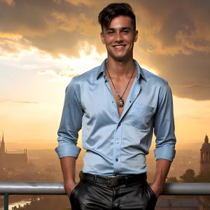 The Beautiful Young Men of the Golden City, is a collection of AI generated images of sexy, glamorous, handsome guys in the heavens. In this fantasy photograph of a young men in their late teens and 20's, overlooking a large golden city in the heavens. Generated to be as realistic as possible, in this this fantasy setting, with todays technology. Wearing jeans, an unbuttoned, vibrant, long-sleeve, button down shirt. The subject is enjoying a beautiful day outdoors. The mystical, galactic landscape, and the vibrant cosmic canopies, every detail, from the texture of the clouds, to the magnificent, majestic gothic architecture of the golden city, is crafted to create an atmosphere of reverence and divine glory. With a breathtaking scene, offering warm golden hour lighting. The heavenly landscape evokes a sense of freedom and tranquility, that is expresses through his facial features and smile, as day turns to night. The heavenly landscape evokes a sense of mysterious black space and light, with a vast galaxy that almost covers the image, the stars and constellations sparkle bright, in dark blue sky.