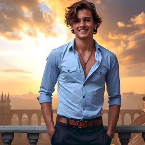 The Beautiful Young Men of the Golden City, is a collection of AI generated images of sexy, glamorous, handsome guys in the heavens. In this fantasy photograph of a young men in their late teens and 20's, overlooking a large golden city in the heavens. Generated to be as realistic as possible, in this this fantasy setting, with todays technology. Wearing jeans, an unbuttoned, vibrant, long-sleeve, button down shirt. The subject is enjoying a beautiful day outdoors. The mystical, galactic landscape, and the vibrant cosmic canopies, every detail, from the texture of the clouds, to the magnificent, majestic gothic architecture of the golden city, is crafted to create an atmosphere of reverence and divine glory. With a breathtaking scene, offering warm golden hour lighting. The heavenly landscape evokes a sense of freedom and tranquility, that is expresses through his facial features and smile, as day turns to night. The heavenly landscape evokes a sense of mysterious black space and light, with a vast galaxy that almost covers the image, the stars and constellations sparkle bright, in dark blue sky.