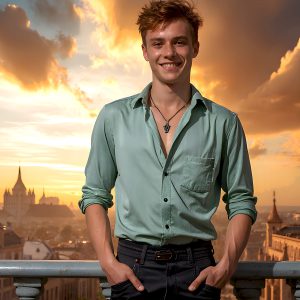 The Beautiful Young Men of the Golden City, is a collection of AI generated images of sexy, glamorous, handsome guys in the heavens. In this fantasy photograph of a young men in their late teens and 20's, overlooking a large golden city in the heavens. Generated to be as realistic as possible, in this this fantasy setting, with todays technology. Wearing jeans, an unbuttoned, vibrant, long-sleeve, button down shirt. The subject is enjoying a beautiful day outdoors. The mystical, galactic landscape, and the vibrant cosmic canopies, every detail, from the texture of the clouds, to the magnificent, majestic gothic architecture of the golden city, is crafted to create an atmosphere of reverence and divine glory. With a breathtaking scene, offering warm golden hour lighting. The heavenly landscape evokes a sense of freedom and tranquility, that is expresses through his facial features and smile, as day turns to night. The heavenly landscape evokes a sense of mysterious black space and light, with a vast galaxy that almost covers the image, the stars and constellations sparkle bright, in dark blue sky.