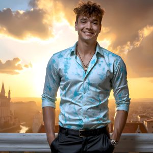 The Beautiful Young Men of the Golden City, is a collection of AI generated images of sexy, glamorous, handsome guys in the heavens. In this fantasy photograph of a young men in their late teens and 20's, overlooking a large golden city in the heavens. Generated to be as realistic as possible, in this this fantasy setting, with todays technology. Wearing jeans, an unbuttoned, vibrant, long-sleeve, button down shirt. The subject is enjoying a beautiful day outdoors. The mystical, galactic landscape, and the vibrant cosmic canopies, every detail, from the texture of the clouds, to the magnificent, majestic gothic architecture of the golden city, is crafted to create an atmosphere of reverence and divine glory. With a breathtaking scene, offering warm golden hour lighting. The heavenly landscape evokes a sense of freedom and tranquility, that is expresses through his facial features and smile, as day turns to night. The heavenly landscape evokes a sense of mysterious black space and light, with a vast galaxy that almost covers the image, the stars and constellations sparkle bright, in dark blue sky.