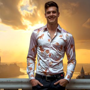 The Beautiful Young Men of the Golden City, is a collection of AI generated images of sexy, glamorous, handsome guys in the heavens. In this fantasy photograph of a young men in their late teens and 20's, overlooking a large golden city in the heavens. Generated to be as realistic as possible, in this this fantasy setting, with todays technology. Wearing jeans, an unbuttoned, vibrant, long-sleeve, button down shirt. The subject is enjoying a beautiful day outdoors. The mystical, galactic landscape, and the vibrant cosmic canopies, every detail, from the texture of the clouds, to the magnificent, majestic gothic architecture of the golden city, is crafted to create an atmosphere of reverence and divine glory. With a breathtaking scene, offering warm golden hour lighting. The heavenly landscape evokes a sense of freedom and tranquility, that is expresses through his facial features and smile, as day turns to night. The heavenly landscape evokes a sense of mysterious black space and light, with a vast galaxy that almost covers the image, the stars and constellations sparkle bright, in dark blue sky.