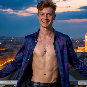 The Beautiful Young Men of the Golden City, is a collection of AI generated images of sexy, glamorous, handsome guys in the heavens. In this fantasy photograph of a young men in their late teens and 20's, overlooking a large golden city in the heavens. Generated to be as realistic as possible, in this this fantasy setting, with todays technology. Wearing jeans, an unbuttoned, vibrant, long-sleeve, button down shirt. The subject is enjoying a beautiful day outdoors. The mystical, galactic landscape, and the vibrant cosmic canopies, every detail, from the texture of the clouds, to the magnificent, majestic gothic architecture of the golden city, is crafted to create an atmosphere of reverence and divine glory. With a breathtaking scene, offering warm golden hour lighting. The heavenly landscape evokes a sense of freedom and tranquility, that is expresses through his facial features and smile, as day turns to night. The heavenly landscape evokes a sense of mysterious black space and light, with a vast galaxy that almost covers the image, the stars and constellations sparkle bright, in dark blue sky.