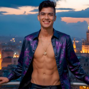 The Beautiful Young Men of the Golden City, is a collection of AI generated images of sexy, glamorous, handsome guys in the heavens. In this fantasy photograph of a young men in their late teens and 20's, overlooking a large golden city in the heavens. Generated to be as realistic as possible, in this this fantasy setting, with todays technology. Wearing jeans, an unbuttoned, vibrant, long-sleeve, button down shirt. The subject is enjoying a beautiful day outdoors. The mystical, galactic landscape, and the vibrant cosmic canopies, every detail, from the texture of the clouds, to the magnificent, majestic gothic architecture of the golden city, is crafted to create an atmosphere of reverence and divine glory. With a breathtaking scene, offering warm golden hour lighting. The heavenly landscape evokes a sense of freedom and tranquility, that is expresses through his facial features and smile, as day turns to night. The heavenly landscape evokes a sense of mysterious black space and light, with a vast galaxy that almost covers the image, the stars and constellations sparkle bright, in dark blue sky.