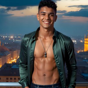 The Beautiful Young Men of the Golden City, is a collection of AI generated images of sexy, glamorous, handsome guys in the heavens. In this fantasy photograph of a young men in their late teens and 20's, overlooking a large golden city in the heavens. Generated to be as realistic as possible, in this this fantasy setting, with todays technology. Wearing jeans, an unbuttoned, vibrant, long-sleeve, button down shirt. The subject is enjoying a beautiful day outdoors. The mystical, galactic landscape, and the vibrant cosmic canopies, every detail, from the texture of the clouds, to the magnificent, majestic gothic architecture of the golden city, is crafted to create an atmosphere of reverence and divine glory. With a breathtaking scene, offering warm golden hour lighting. The heavenly landscape evokes a sense of freedom and tranquility, that is expresses through his facial features and smile, as day turns to night. The heavenly landscape evokes a sense of mysterious black space and light, with a vast galaxy that almost covers the image, the stars and constellations sparkle bright, in dark blue sky.