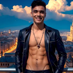 The Beautiful Young Men of the Golden City, is a collection of AI generated images of sexy, glamorous, handsome guys in the heavens. In this fantasy photograph of a young men in their late teens and 20's, overlooking a large golden city in the heavens. Generated to be as realistic as possible, in this this fantasy setting, with todays technology. Wearing jeans, an unbuttoned, vibrant, long-sleeve, button down shirt. The subject is enjoying a beautiful day outdoors. The mystical, galactic landscape, and the vibrant cosmic canopies, every detail, from the texture of the clouds, to the magnificent, majestic gothic architecture of the golden city, is crafted to create an atmosphere of reverence and divine glory. With a breathtaking scene, offering warm golden hour lighting. The heavenly landscape evokes a sense of freedom and tranquility, that is expresses through his facial features and smile, as day turns to night. The heavenly landscape evokes a sense of mysterious black space and light, with a vast galaxy that almost covers the image, the stars and constellations sparkle bright, in dark blue sky.