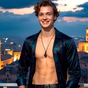 The Beautiful Young Men of the Golden City, is a collection of AI generated images of sexy, glamorous, handsome guys in the heavens. In this fantasy photograph of a young men in their late teens and 20's, overlooking a large golden city in the heavens. Generated to be as realistic as possible, in this this fantasy setting, with todays technology. Wearing jeans, an unbuttoned, vibrant, long-sleeve, button down shirt. The subject is enjoying a beautiful day outdoors. The mystical, galactic landscape, and the vibrant cosmic canopies, every detail, from the texture of the clouds, to the magnificent, majestic gothic architecture of the golden city, is crafted to create an atmosphere of reverence and divine glory. With a breathtaking scene, offering warm golden hour lighting. The heavenly landscape evokes a sense of freedom and tranquility, that is expresses through his facial features and smile, as day turns to night. The heavenly landscape evokes a sense of mysterious black space and light, with a vast galaxy that almost covers the image, the stars and constellations sparkle bright, in dark blue sky.