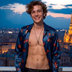The Beautiful Young Men of the Golden City, is a collection of AI generated images of sexy, glamorous, handsome guys in the heavens. In this fantasy photograph of a young men in their late teens and 20's, overlooking a large golden city in the heavens. Generated to be as realistic as possible, in this this fantasy setting, with todays technology. Wearing jeans, an unbuttoned, vibrant, long-sleeve, button down shirt. The subject is enjoying a beautiful day outdoors. The mystical, galactic landscape, and the vibrant cosmic canopies, every detail, from the texture of the clouds, to the magnificent, majestic gothic architecture of the golden city, is crafted to create an atmosphere of reverence and divine glory. With a breathtaking scene, offering warm golden hour lighting. The heavenly landscape evokes a sense of freedom and tranquility, that is expresses through his facial features and smile, as day turns to night. The heavenly landscape evokes a sense of mysterious black space and light, with a vast galaxy that almost covers the image, the stars and constellations sparkle bright, in dark blue sky.