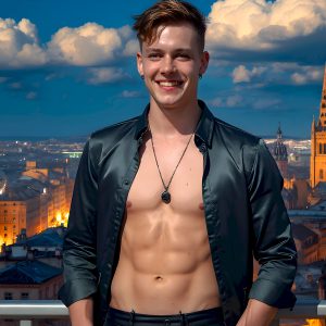 The Beautiful Young Men of the Golden City, is a collection of AI generated images of sexy, glamorous, handsome guys in the heavens. In this fantasy photograph of a young men in their late teens and 20's, overlooking a large golden city in the heavens. Generated to be as realistic as possible, in this this fantasy setting, with todays technology. Wearing jeans, an unbuttoned, vibrant, long-sleeve, button down shirt. The subject is enjoying a beautiful day outdoors. The mystical, galactic landscape, and the vibrant cosmic canopies, every detail, from the texture of the clouds, to the magnificent, majestic gothic architecture of the golden city, is crafted to create an atmosphere of reverence and divine glory. With a breathtaking scene, offering warm golden hour lighting. The heavenly landscape evokes a sense of freedom and tranquility, that is expresses through his facial features and smile, as day turns to night. The heavenly landscape evokes a sense of mysterious black space and light, with a vast galaxy that almost covers the image, the stars and constellations sparkle bright, in dark blue sky.