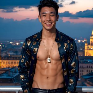 The Beautiful Young Men of the Golden City, is a collection of AI generated images of sexy, glamorous, handsome guys in the heavens. In this fantasy photograph of a young men in their late teens and 20's, overlooking a large golden city in the heavens. Generated to be as realistic as possible, in this this fantasy setting, with todays technology. Wearing jeans, an unbuttoned, vibrant, long-sleeve, button down shirt. The subject is enjoying a beautiful day outdoors. The mystical, galactic landscape, and the vibrant cosmic canopies, every detail, from the texture of the clouds, to the magnificent, majestic gothic architecture of the golden city, is crafted to create an atmosphere of reverence and divine glory. With a breathtaking scene, offering warm golden hour lighting. The heavenly landscape evokes a sense of freedom and tranquility, that is expresses through his facial features and smile, as day turns to night. The heavenly landscape evokes a sense of mysterious black space and light, with a vast galaxy that almost covers the image, the stars and constellations sparkle bright, in dark blue sky.