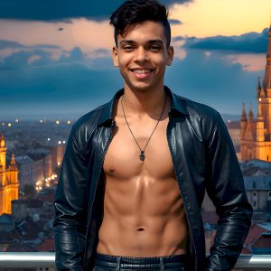 The Beautiful Young Men of the Golden City, is a collection of AI generated images of sexy, glamorous, handsome guys in the heavens. In this fantasy photograph of a young men in their late teens and 20's, overlooking a large golden city in the heavens. Generated to be as realistic as possible, in this this fantasy setting, with todays technology. Wearing jeans, an unbuttoned, vibrant, long-sleeve, button down shirt. The subject is enjoying a beautiful day outdoors. The mystical, galactic landscape, and the vibrant cosmic canopies, every detail, from the texture of the clouds, to the magnificent, majestic gothic architecture of the golden city, is crafted to create an atmosphere of reverence and divine glory. With a breathtaking scene, offering warm golden hour lighting. The heavenly landscape evokes a sense of freedom and tranquility, that is expresses through his facial features and smile, as day turns to night. The heavenly landscape evokes a sense of mysterious black space and light, with a vast galaxy that almost covers the image, the stars and constellations sparkle bright, in dark blue sky.