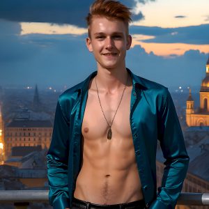 The Beautiful Young Men of the Golden City, is a collection of AI generated images of sexy, glamorous, handsome guys in the heavens. In this fantasy photograph of a young men in their late teens and 20's, overlooking a large golden city in the heavens. Generated to be as realistic as possible, in this this fantasy setting, with todays technology. Wearing jeans, an unbuttoned, vibrant, long-sleeve, button down shirt. The subject is enjoying a beautiful day outdoors. The mystical, galactic landscape, and the vibrant cosmic canopies, every detail, from the texture of the clouds, to the magnificent, majestic gothic architecture of the golden city, is crafted to create an atmosphere of reverence and divine glory. With a breathtaking scene, offering warm golden hour lighting. The heavenly landscape evokes a sense of freedom and tranquility, that is expresses through his facial features and smile, as day turns to night. The heavenly landscape evokes a sense of mysterious black space and light, with a vast galaxy that almost covers the image, the stars and constellations sparkle bright, in dark blue sky.
