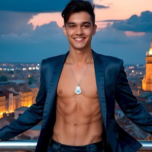 The Beautiful Young Men of the Golden City, is a collection of AI generated images of sexy, glamorous, handsome guys in the heavens. In this fantasy photograph of a young men in their late teens and 20's, overlooking a large golden city in the heavens. Generated to be as realistic as possible, in this this fantasy setting, with todays technology. Wearing jeans, an unbuttoned, vibrant, long-sleeve, button down shirt. The subject is enjoying a beautiful day outdoors. The mystical, galactic landscape, and the vibrant cosmic canopies, every detail, from the texture of the clouds, to the magnificent, majestic gothic architecture of the golden city, is crafted to create an atmosphere of reverence and divine glory. With a breathtaking scene, offering warm golden hour lighting. The heavenly landscape evokes a sense of freedom and tranquility, that is expresses through his facial features and smile, as day turns to night. The heavenly landscape evokes a sense of mysterious black space and light, with a vast galaxy that almost covers the image, the stars and constellations sparkle bright, in dark blue sky.