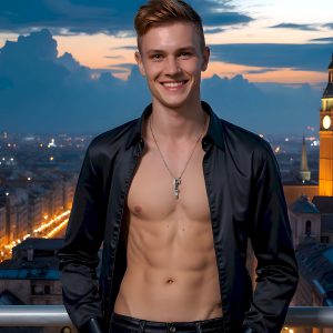 The Beautiful Young Men of the Golden City, is a collection of AI generated images of sexy, glamorous, handsome guys in the heavens. In this fantasy photograph of a young men in their late teens and 20's, overlooking a large golden city in the heavens. Generated to be as realistic as possible, in this this fantasy setting, with todays technology. Wearing jeans, an unbuttoned, vibrant, long-sleeve, button down shirt. The subject is enjoying a beautiful day outdoors. The mystical, galactic landscape, and the vibrant cosmic canopies, every detail, from the texture of the clouds, to the magnificent, majestic gothic architecture of the golden city, is crafted to create an atmosphere of reverence and divine glory. With a breathtaking scene, offering warm golden hour lighting. The heavenly landscape evokes a sense of freedom and tranquility, that is expresses through his facial features and smile, as day turns to night. The heavenly landscape evokes a sense of mysterious black space and light, with a vast galaxy that almost covers the image, the stars and constellations sparkle bright, in dark blue sky.