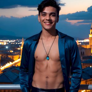 The Beautiful Young Men of the Golden City, is a collection of AI generated images of sexy, glamorous, handsome guys in the heavens. In this fantasy photograph of a young men in their late teens and 20's, overlooking a large golden city in the heavens. Generated to be as realistic as possible, in this this fantasy setting, with todays technology. Wearing jeans, an unbuttoned, vibrant, long-sleeve, button down shirt. The subject is enjoying a beautiful day outdoors. The mystical, galactic landscape, and the vibrant cosmic canopies, every detail, from the texture of the clouds, to the magnificent, majestic gothic architecture of the golden city, is crafted to create an atmosphere of reverence and divine glory. With a breathtaking scene, offering warm golden hour lighting. The heavenly landscape evokes a sense of freedom and tranquility, that is expresses through his facial features and smile, as day turns to night. The heavenly landscape evokes a sense of mysterious black space and light, with a vast galaxy that almost covers the image, the stars and constellations sparkle bright, in dark blue sky.