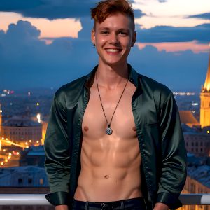 The Beautiful Young Men of the Golden City, is a collection of AI generated images of sexy, glamorous, handsome guys in the heavens. In this fantasy photograph of a young men in their late teens and 20's, overlooking a large golden city in the heavens. Generated to be as realistic as possible, in this this fantasy setting, with todays technology. Wearing jeans, an unbuttoned, vibrant, long-sleeve, button down shirt. The subject is enjoying a beautiful day outdoors. The mystical, galactic landscape, and the vibrant cosmic canopies, every detail, from the texture of the clouds, to the magnificent, majestic gothic architecture of the golden city, is crafted to create an atmosphere of reverence and divine glory. With a breathtaking scene, offering warm golden hour lighting. The heavenly landscape evokes a sense of freedom and tranquility, that is expresses through his facial features and smile, as day turns to night. The heavenly landscape evokes a sense of mysterious black space and light, with a vast galaxy that almost covers the image, the stars and constellations sparkle bright, in dark blue sky.