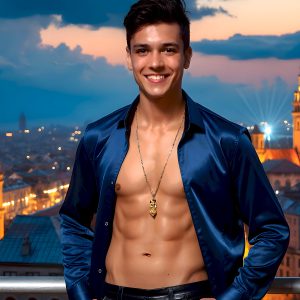 The Beautiful Young Men of the Golden City, is a collection of AI generated images of sexy, glamorous, handsome guys in the heavens. In this fantasy photograph of a young men in their late teens and 20's, overlooking a large golden city in the heavens. Generated to be as realistic as possible, in this this fantasy setting, with todays technology. Wearing jeans, an unbuttoned, vibrant, long-sleeve, button down shirt. The subject is enjoying a beautiful day outdoors. The mystical, galactic landscape, and the vibrant cosmic canopies, every detail, from the texture of the clouds, to the magnificent, majestic gothic architecture of the golden city, is crafted to create an atmosphere of reverence and divine glory. With a breathtaking scene, offering warm golden hour lighting. The heavenly landscape evokes a sense of freedom and tranquility, that is expresses through his facial features and smile, as day turns to night. The heavenly landscape evokes a sense of mysterious black space and light, with a vast galaxy that almost covers the image, the stars and constellations sparkle bright, in dark blue sky.