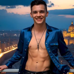 The Beautiful Young Men of the Golden City, is a collection of AI generated images of sexy, glamorous, handsome guys in the heavens. In this fantasy photograph of a young men in their late teens and 20's, overlooking a large golden city in the heavens. Generated to be as realistic as possible, in this this fantasy setting, with todays technology. Wearing jeans, an unbuttoned, vibrant, long-sleeve, button down shirt. The subject is enjoying a beautiful day outdoors. The mystical, galactic landscape, and the vibrant cosmic canopies, every detail, from the texture of the clouds, to the magnificent, majestic gothic architecture of the golden city, is crafted to create an atmosphere of reverence and divine glory. With a breathtaking scene, offering warm golden hour lighting. The heavenly landscape evokes a sense of freedom and tranquility, that is expresses through his facial features and smile, as day turns to night. The heavenly landscape evokes a sense of mysterious black space and light, with a vast galaxy that almost covers the image, the stars and constellations sparkle bright, in dark blue sky.